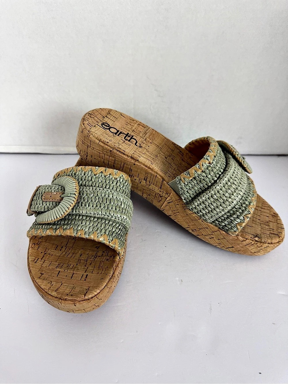 Earth Samsy Woven Cork Platform Slide Sandals Green US 8